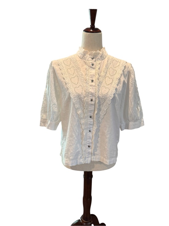 Topshop Tops - Topshop White Heart & Ruffle Detailed Button Front Top Size 8